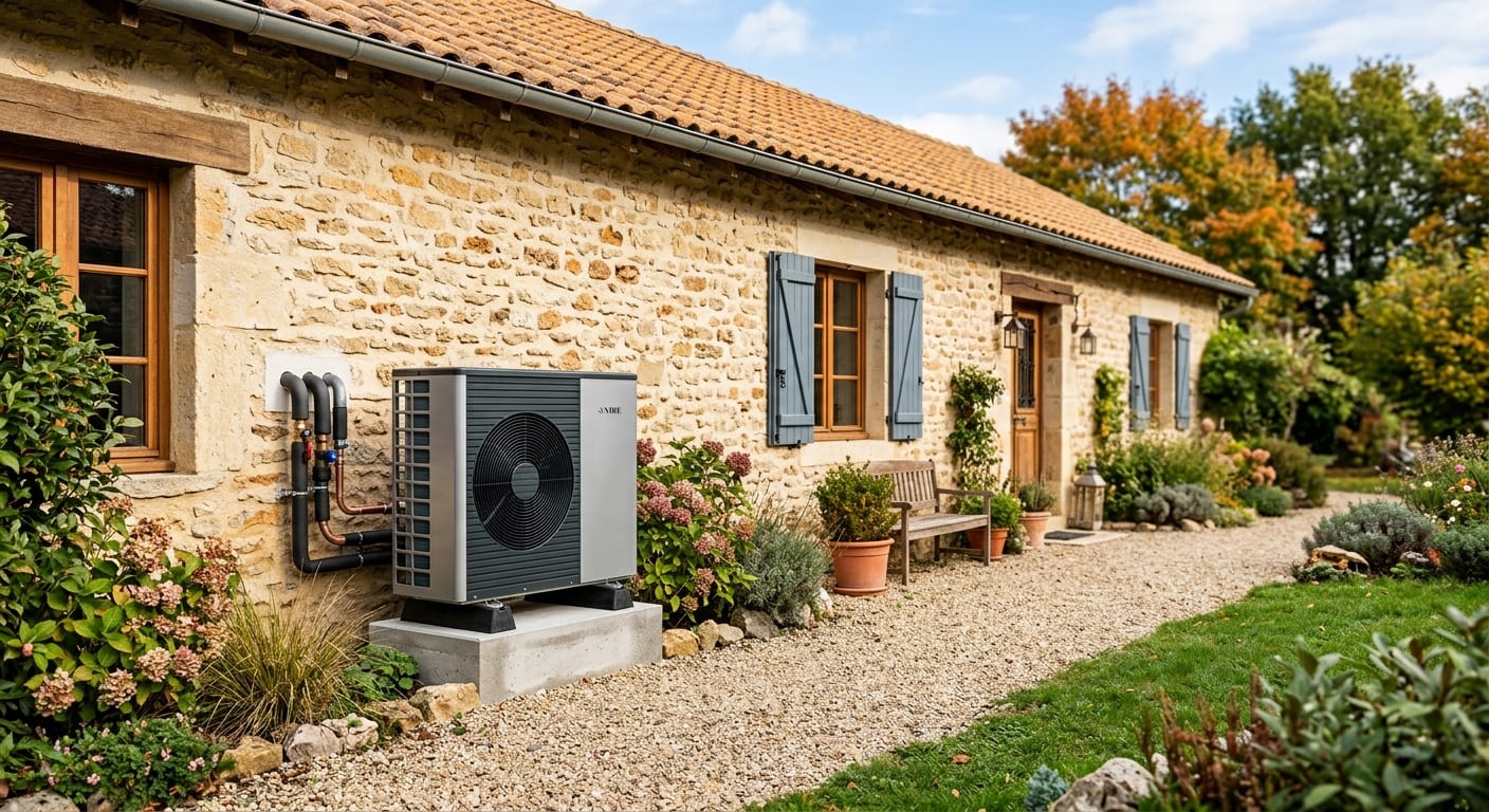 Installation moderne d'une pompe à chaleur air eau à l'extérieur d'une maison individuelle chaleureuse
